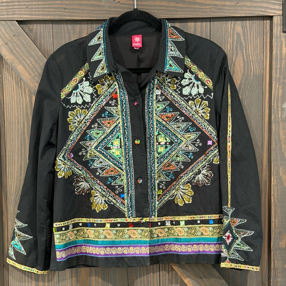 Sandy Starkman Women’s Embroidered Beaded Black and Multicolored Jacket‎ Large